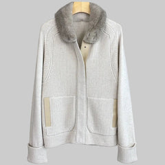 Mink Fur Collar Spliced Leather Cashmere Cardigan Jacket