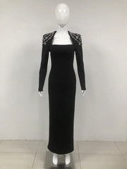 Luxury Diamond Long Sleeve Triangle Neck Long Bandage Dress