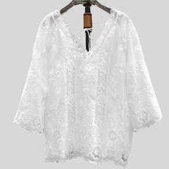 Lace Blouse White Deep V-Neck Embroidery Loose Lace Top