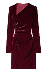 Irregular Collar Long Sleeve Velvet Medium Strech Split Dress