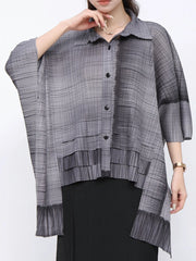 Solid Straight Grid Stand Collar Long Sleeve Patchwork Button Top