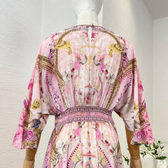 Silk Diamonds Pink Floral Print Half Sleeve Elastic High Waist Dress