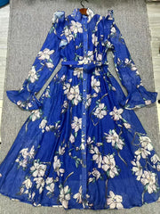 Chiffon Printing Mid Length Stand Collar Spliced Ruffle Long Sleeve High Waist Dress