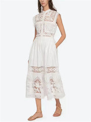 Embroidery Hollow Out Set O-Neck Sleeveless Single Breasted Blouse or Sweet A-Line Midi Skirt Set