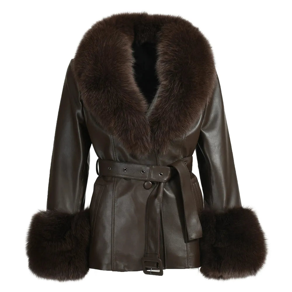 Genuine Leather Sheepskin With Real Fox Fur Collar Coat