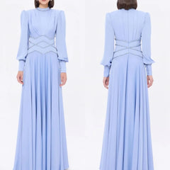 Classic Jersey Button Rhinestone A-line High Collar Long Dress