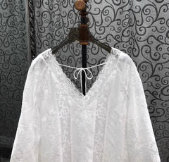 Lace Blouse White Deep V-Neck Embroidery Loose Lace Top