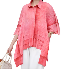 Solid Straight Grid Stand Collar Long Sleeve Patchwork Button Top