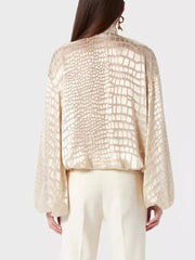 Chic Spliced Crocodile Pattern Blouse V Neck Long Sleeved Shirt