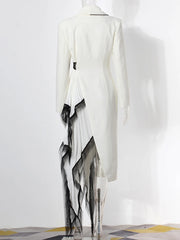 Spliced Mesh Chic Blazer Lapel Long Sleeve Spliced Button Elegant Long Dress