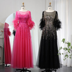 Luxury Feathers Black Half Sleeve Dress