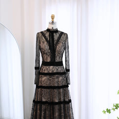 Elegant Black A-line Luxury Lace Tiered Dress