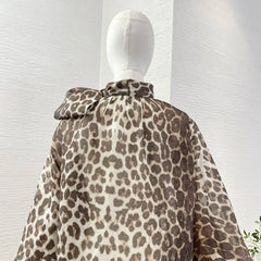 Linen Silk Bow Tie Turtleneck Brown Leopard Print Full Lantern Sleeve Top