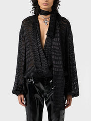 Chic Spliced Crocodile Pattern Blouse V Neck Long Sleeved Shirt