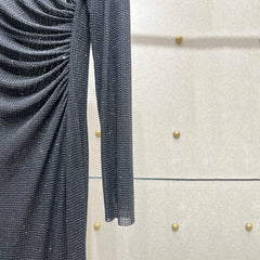 Rhinestone Pleated Round Neck Long Hollow Cut Dress