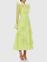 Solid Color Patchwork 3D Flowers Stand Collar Flare Sleeve High Waist Spliced Sashes Midi Dress
