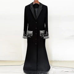 Crystal Black With Long Sleeves Turn down Collar Elegant Maxi Dress