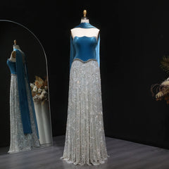 Luxury Beaded Blue Velvet Two-Piece with Scarf Evening Dress