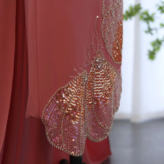 Elegant Coral Pink Scalloped Butterfly Beaded Evening Dress