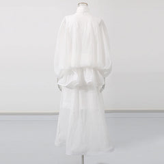 Solid Loose Spliced Bow Tunic Half High Neck Short Sleeves Patchwork Ruffles Dress