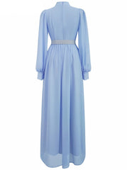 Blue Long Lantern Sleeve With Belt Elegant Slim A-Line Dress