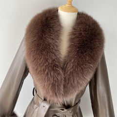 Genuine Leather Sheepskin With Real Fox Fur Collar Coat