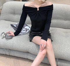 One-shoulder Chain Silver Silk Top