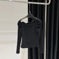 One-shoulder Chain Silver Silk Top