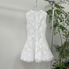 Fluffy sleeveless chic bow decorated lace mesh A-line waisted dress