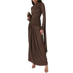 A-Line Scoop Neckline Floor-Length Ruffle Zipper Up Long Sleeves Dress