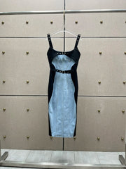 Splicing collision denim halter deconstructed Slim dress