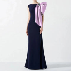 Navy Blue Satin Mermaid  with Lilac Bow Formal Dress