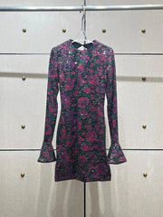 Full body sequins banquet backless floral print round neck long sleeve mini dress