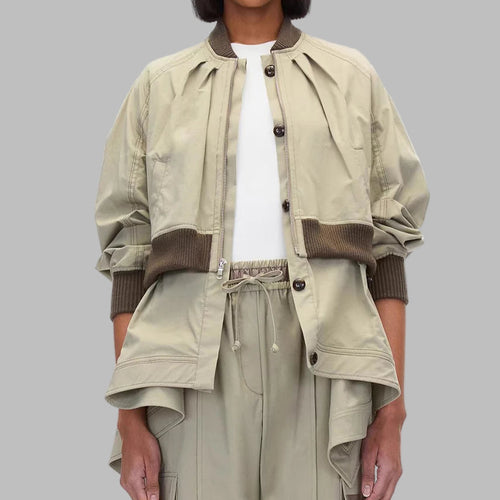 Round Collar Zipper Splicing Elegant  Loose Long Sleeve Coat Top