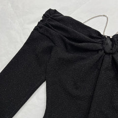 One-shoulder Chain Silver Silk Top