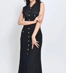 Sleeveless Round Neck Slim Fit Knitted with Metal Button front pleated midi Dress