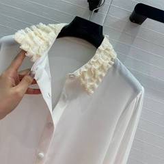 Lace hook flower hollow lotus leaf edge splicing long sleeved silk Top