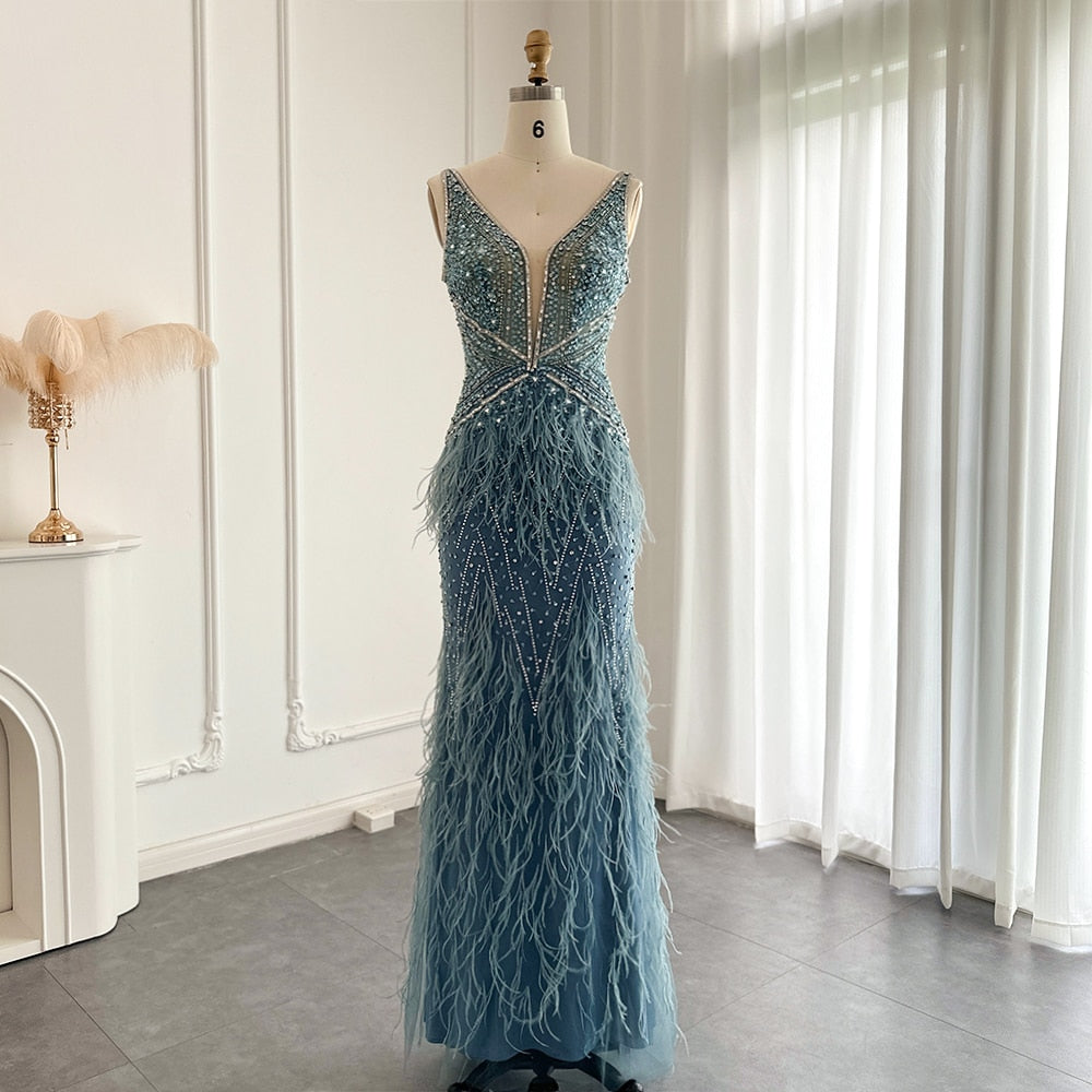 Luxury V-neck Feather Prom Gown