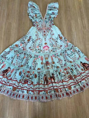 Vintage Print Fly-sleeve V-neck elastic high-waisted dress