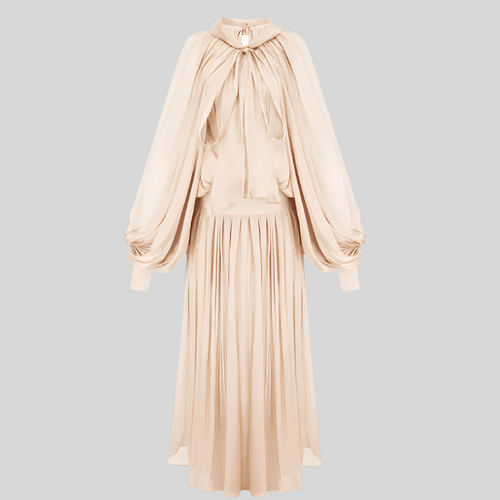 Solid Elegant Stand Collar Long Sleeve High Waist Patchwork Lace Up Dress