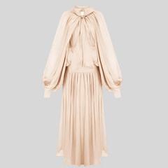 Solid Elegant Stand Collar Long Sleeve High Waist Patchwork Lace Up Dress