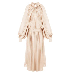 Solid Elegant Stand Collar Long Sleeve High Waist Patchwork Lace Up Dress