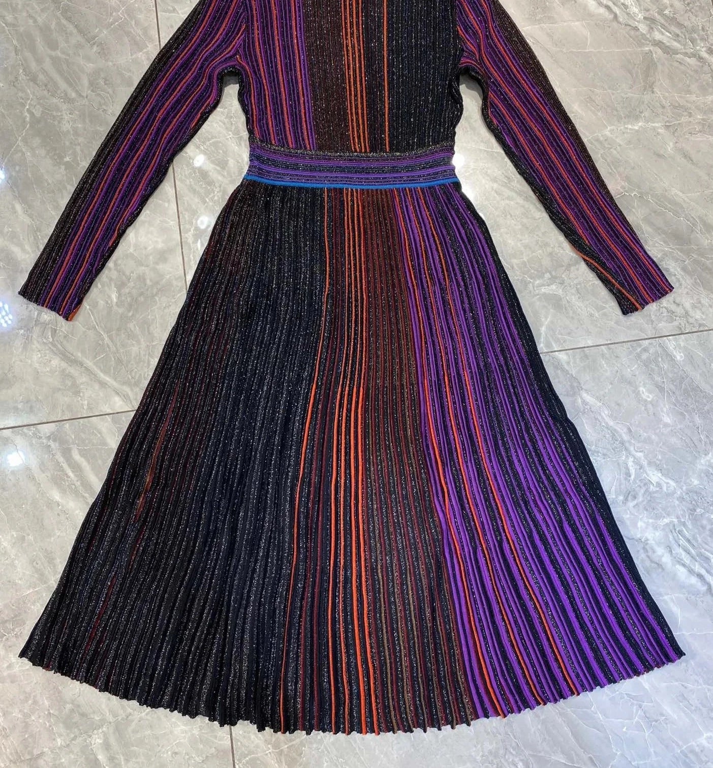 V-Neck Colorful Striped Bright silk Design Collect Waist Slim Split Pleated Knit Dress