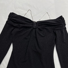 One-shoulder Chain Silver Silk Top