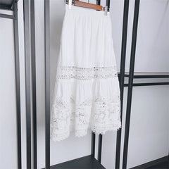 Embroidery Hollow Out Set O-Neck Sleeveless Single Breasted Blouse or Sweet A-Line Midi Skirt Set
