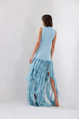 Elegant Blue Ruffled Chiffon High Neck Stretch Silk Dress