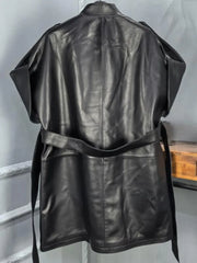 Genuine Leather Suit Collar  Short Sleeves Zipper Sashes Pocket Jackte