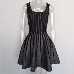 Sleeveless O-neckline Mini Short Knitted A-line Striped Dress