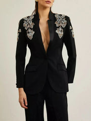 V Neck Long Sleeves Patchwork Button Blazer