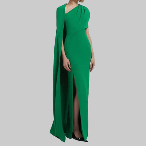 Floor Length Gown Draped Cape One Shoulder With High Slit Dress